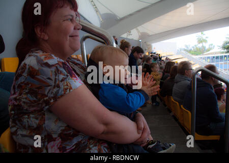 Ein nettes Foto von Großmutter, die ihren Enkel und beobachten eine Show Stockfoto