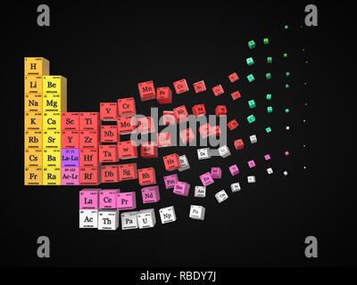 Auflösung Periodensystem auf schwarzem Hintergrund. Würfel farbigen von Element Gruppen. 3D-Darstellung Stockfoto