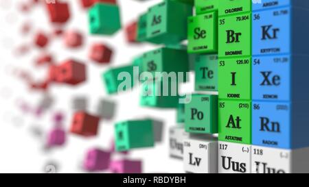 Verzerrte Periodensystem Konzept. Würfel farbigen von Element Gruppen. 3D-Darstellung Stockfoto