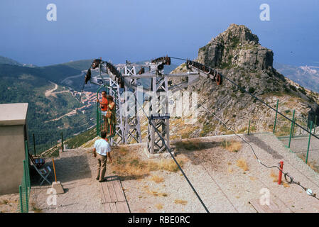 1960, zwei Touristen in die Berge Sessellift oder Seilbahn stehen, hoch oben auf der Spitze des Monte Capanne, Elba, Italien. Die "cable car" oder Korb Lift ist ein Käfig aus Metall, die man für die Fahrt nach oben oder unten und wie ein sking Sessellift hat man in der Telefonzentrale, wie auf dem Bild hier gesehen schließt sich der "OOR" und Sie sind auf Ihrer Weise und hop steht. Stockfoto