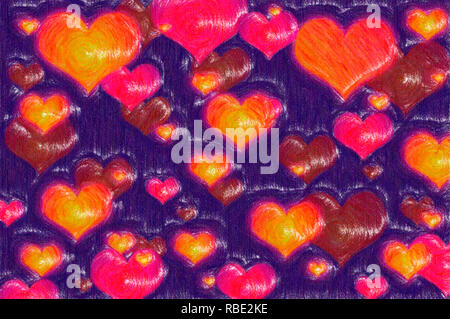 Mehrfarbige verschiedene Herzen, Bleistiftzeichnung, dunkel violette Hintergrund Stockfoto