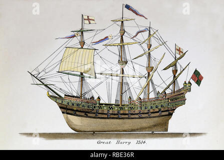 Der große Harry. Berühmte englische Kriegsschiff 1514 erbaut im Auftrag des Königs Henry VIII. Gravur, 18. Später Färbung. Stockfoto