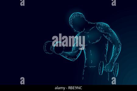 Starke Sportler mit Gewicht 3D-polygonalen abstraktes Konzept. Low Poly Fitness Sport powerlifting Körperform. Männliche Kurzhanteltraining Stärke athletische arm. Bodybuilding training Vector Illustration Stock Vektor