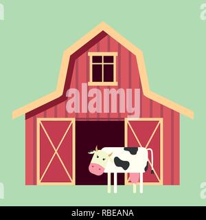 Rot Holz- Farm Barn in flachen Stil mit Kuh. Landwirtschaftliche Gebäude für Vieh oder Ausrüstung. Vector Illustration Stock Vektor