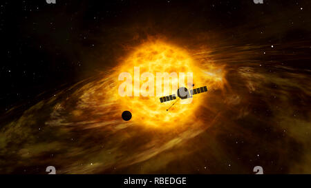 Cosmos Exploration von Raumfahrzeugen auf fernen Sonnensystem umkreisen. Realistische 3D-Flug der Raumsonde zu exotischen Sonne. Galaxy reisen Lichtjahre von der Erde Stockfoto