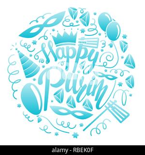 Happy purim Grußkarte. Vector Illustration mit Karneval Maske, Hüte, Krone, Lärm machen und hamantaschen. Blaue Farbe. Auf weissem Hintergrund Stock Vektor