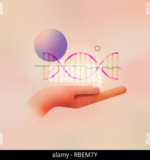 Digitale Illustration der Gentechnik Konzept und Gene bearbeiten. Eine menschliche Hand zeigt die Helix Strang mit einer abstrakten Molekül. Stockfoto