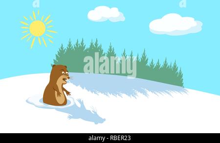 Winter Hintergrund mit Pinienwald. Sonne und Wolken im blauen Himmel. Stock Vektor