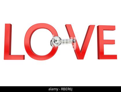 Motto Liebe des roten Buchstaben durch eine Halterung angeschlossen. Isolierte Hintergrund. Hohe Auflösung. 3D-Rendering Stockfoto
