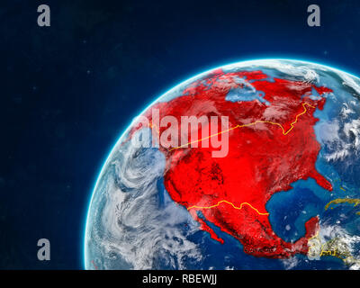NAFTA-Mitglied staaten auf realistischen Modell der Erde mit Ländergrenzen und sehr detaillierten Planeten und Wolken. 3D-Darstellung. Elemente der Stockfoto