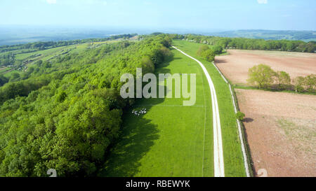 Aerial view of walking path between grass meadow by the hilly woodland and ploughed field in English countryside on spring sunny day Stockfoto