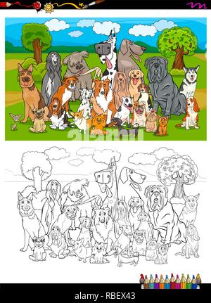 Cartoon Illustration von reinrassigen Hunden tierischen Zeichen Gruppe auf Malbuch Aktivität Stock Vektor