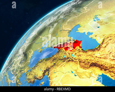 Kaukasus auf realistischen Modell der Erde mit Ländergrenzen und sehr detaillierten Planeten und Wolken. 3D-Darstellung. Elemente dieser Stockfoto