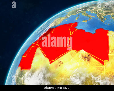 Maghreb auf realistischen Modell der Erde mit Ländergrenzen und sehr detaillierten Planeten und Wolken. 3D-Darstellung. Elemente dieser Stockfoto