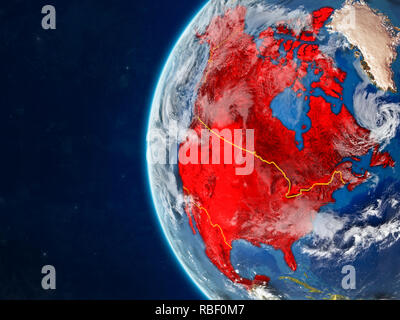 NAFTA-Mitglied staaten von Platz auf Modell des Planeten Erde mit Ländergrenzen und sehr detaillierten Planeten und Wolken. 3D-Darstellung. Elemente o Stockfoto