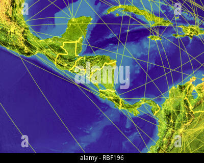 Mittelamerika aus dem Weltraum auf der Erde mit Ländergrenzen und Linien, internationale Kommunikation, Reisen, Verbindungen. 3D-Darstellung. Ele Stockfoto