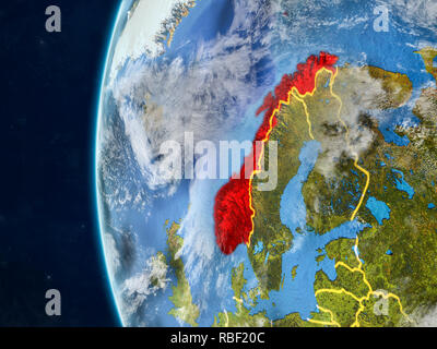 Norwegen von Speicherplatz auf dem Modell des Planeten Erde mit Ländergrenzen und sehr detaillierten Planeten und Wolken. 3D-Darstellung. Elemente dieses Bild f Stockfoto