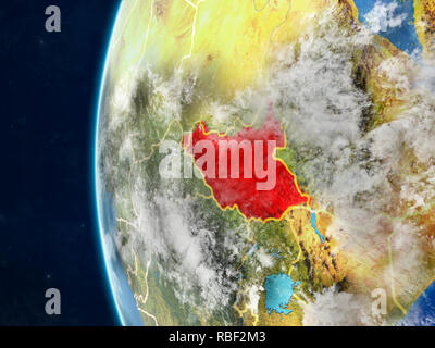 Der Süden des Sudan aus dem Weltraum auf dem Modell des Planeten Erde mit Ländergrenzen und sehr detaillierten Planeten und Wolken. 3D-Darstellung. Elemente im Stockfoto