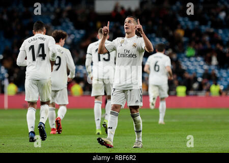 Von Real Madrid Lucas Vazquez feiert Ziel während der Copa del Rey Match zwischen Real Madrid und CD Leganes an Santiago Bernabeu in Madrid. Endergebnis: Real Madrid 3-CD Leganes 0 Stockfoto