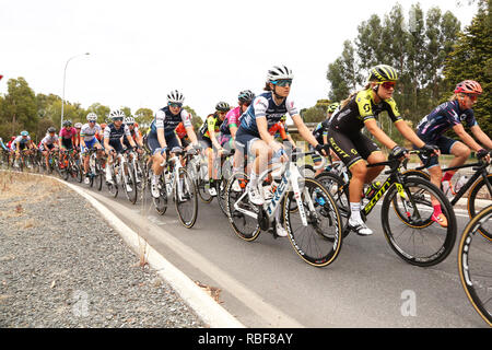 Adelaide, Australien. 10. Januar, 2019. Mannschaften, die in Phase 1 des 2019 Women's Tour Down Under Reiten durch die Stadt Hahndorf konkurrieren. Adelaide Australien. Quelle: Russell Mountford/Alamy leben Nachrichten Stockfoto