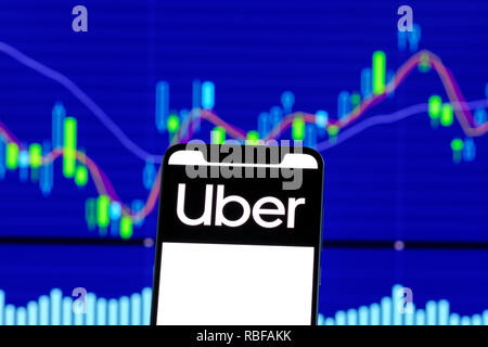 Hongkong, China. 28 Dez, 2018. Uber Logo ist auf ein Android Smartphone über Stock Chart. Credit: Daniel Fung/SOPA Images/ZUMA Draht/Alamy leben Nachrichten Stockfoto