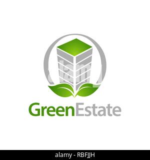 Grüne Immobilien. Kreis Gebäude mit Blatt Symbol logo Konzept Design vorlage Idee Stock Vektor
