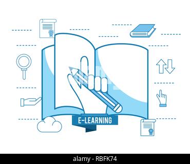 Elearning buch Bildung und von Hand mit Bleistift Stock Vektor
