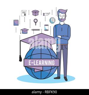 Mann mit globalen elearning und skalenhaube Stock Vektor