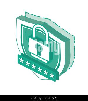 Isometrische 3d Cyber Security Konzept. Umrisse Schildsymbol und sicheres Passwort isoliert auf weißem Hintergrund. Vector Illustration. Stock Vektor