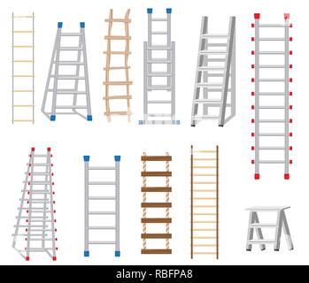 Leitern Set aus verschiedenen Materialien: Holz und Metall. Strickleiter. Vector Illustration. Stock Vektor
