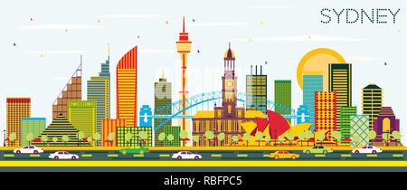 Sydney Australien Skyline der Stadt mit Gebäuden und blauer Himmel. Vector Illustration. Business Travel und Tourismus Konzept mit moderner Architektur. Stock Vektor