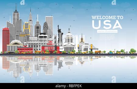 In die USA Skyline mit grauen Gebäude, blauer Himmel und Reflexionen zu begrüßen. Berühmte Sehenswürdigkeiten in den USA. Vector Illustration. Stock Vektor