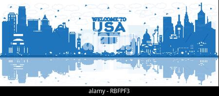 Überblick Willkommen bei USA Skyline mit blauen Gebäude und Reflexionen. Berühmte Sehenswürdigkeiten in den USA. Vector Illustration. Stock Vektor