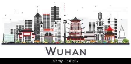 Wuhan China City Skyline mit grauen Gebäude isoliert auf Weiss. Vector Illustration. Business Travel und Tourismus Konzept mit moderner Architektur. Stock Vektor