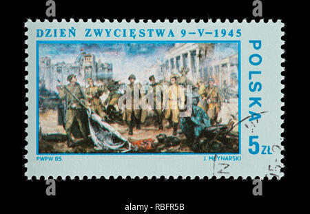 Briefmarke her Polen Darstellung des Jozef Mlynarski Malerei" Sieg, Berlin 1945", 40-jähriges Bestehen, die Befreiung Polens von der deutschen Okkupation Stockfoto