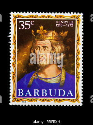 Briefmarke von Barbuda, Heinrich III., König von England. Stockfoto