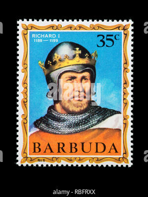 Briefmarke von Barbuda, Richard I, König von England. Stockfoto