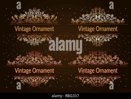 Set Dekorativen goldenen Rahmen mit Blumenmuster, Schmetterlingen und Blumen Silhouetten auf Nacht Sternenhimmel Hintergrund. Vektor Stock Vektor