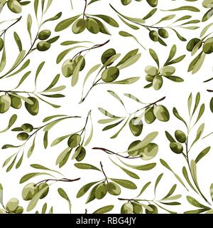 Vektor nahtlose Muster mit Olivenbäumen auf weißem Hintergrund mit Pflanzen und Blätter Stock Vektor