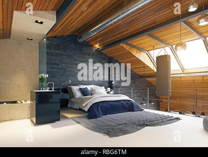 Moderne loft Schlafzimmer Innenraum. 3D-rendering Design Stockfoto