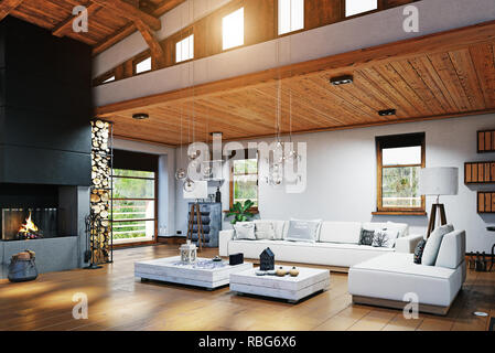 Modernes Chalet Interieur. 3D-Rendering Stockfoto