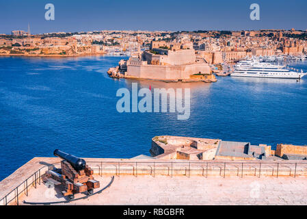 Malta, Blick auf Fort St. Angelo Grand Harbour von Valletta, der maltesischen Insel. Stockfoto