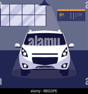 Weißes Auto in der Instandhaltung workshop Vector Illustration Design Stock Vektor