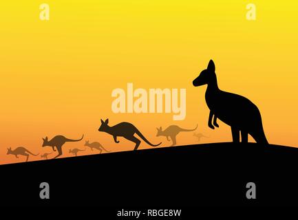 Gruppe von Kängurus in Wüste, silhouette Vektorgrafiken Stock Vektor