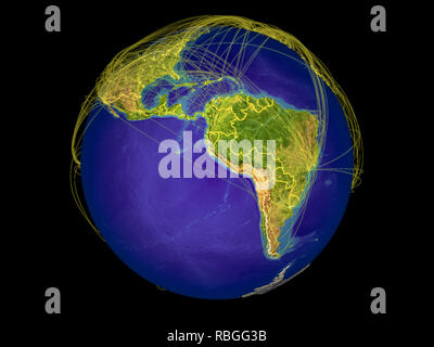 Lateinamerika aus dem Weltraum auf der Erde mit Ländergrenzen und Linien, internationale Kommunikation, Reisen, Verbindungen. 3D-Darstellung. Eleme Stockfoto