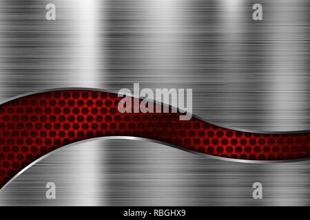 Gebürstetes Metall Textur. Zerkratzte metallene Oberfläche mit roten Perforation Stock Vektor