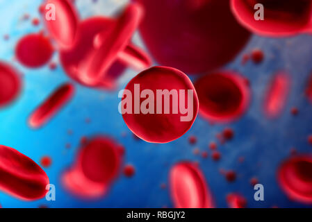 3d-Abbildung der roten Blutkörperchen Erythrozyten close-up unter dem Mikroskop. Hintergrund für wissenschaftliche medizinische Konzept. Stockfoto