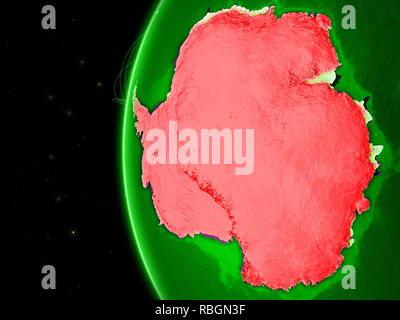 Antarktis auf grüne Erde mit Netzwerk, Telekommunikation, Internet oder interkontinentale Luft Verkehr. 3D-Darstellung. Elemente im Stockfoto