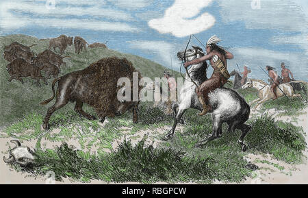 In den Vereinigten Staaten. Native Americans. Bison Jagd. Gravur, 19. Stockfoto