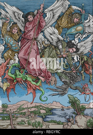 St. Michael im Kampf gegen die Drachen. Apokalypse von Albrecht Dürer. 1498. Stockfoto